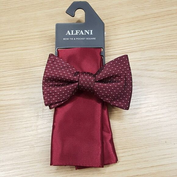 ALFANI Mens Bow Tie Red Burgundy Satin Micro Dot & Pocket Square - Picture 1 of 3